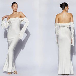 Meshki Giselle off shoulder cowl neck maxi Dress in white